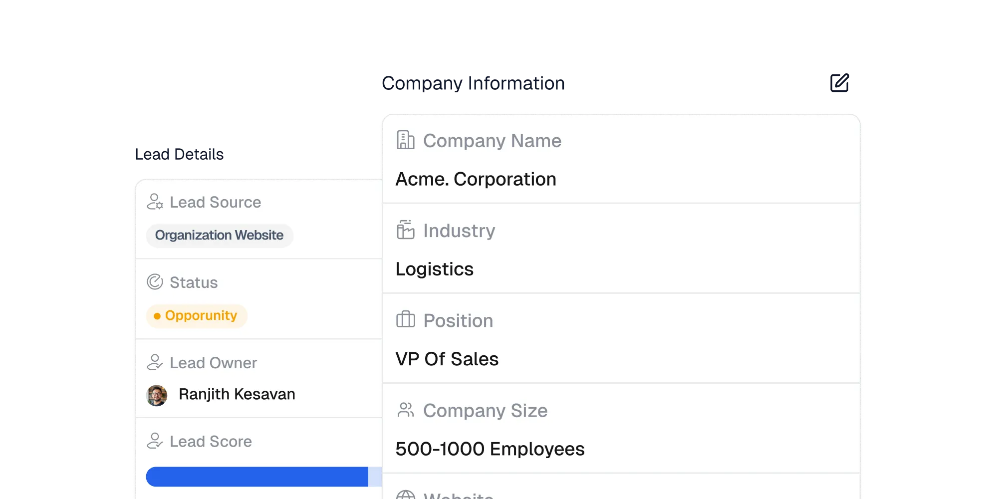 Customer record with assigned sales owner and team details.